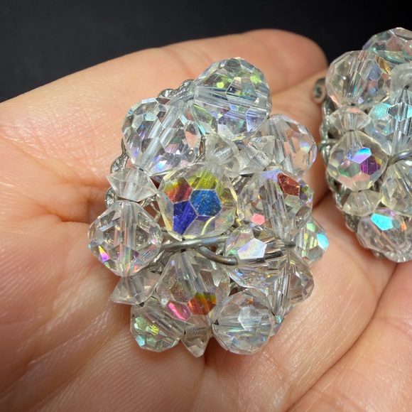 Vintage Aurora Borealis AB Crystal Rhinestone Filigree Clip-On Earrings - Picture 2 of 13